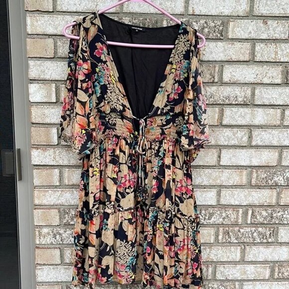 EUC Love Sam boho floral tie front smock waist open sleeve dress size S - Picture 2 of 7